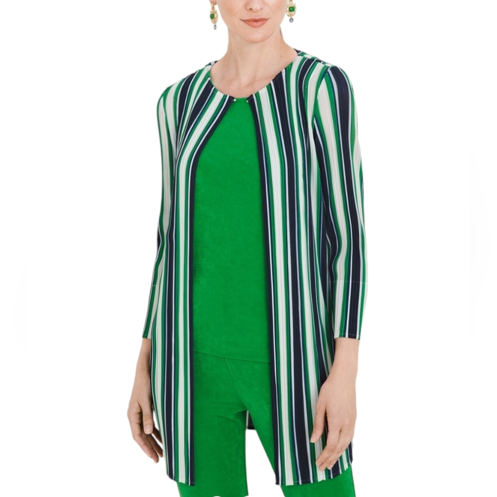 Chico's Travelers Women's Green Blue White Stripe Open Front Jacket Size 1  8/10